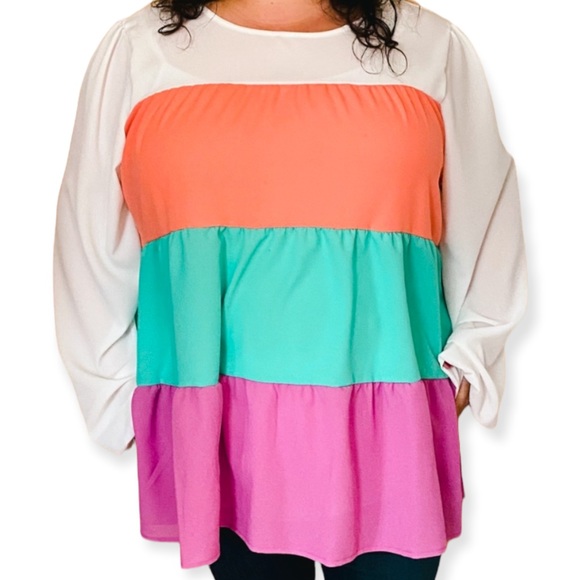 Purple Orange Teal Colorblock Tiered Ruffle Top Oversized Blouse S M L 1X 2X 3X - Picture 2 of 9